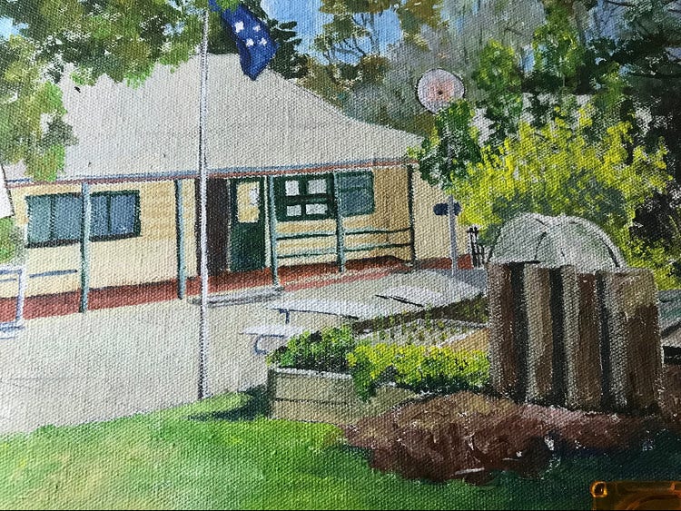 painting of the school office building, garden and flag pole