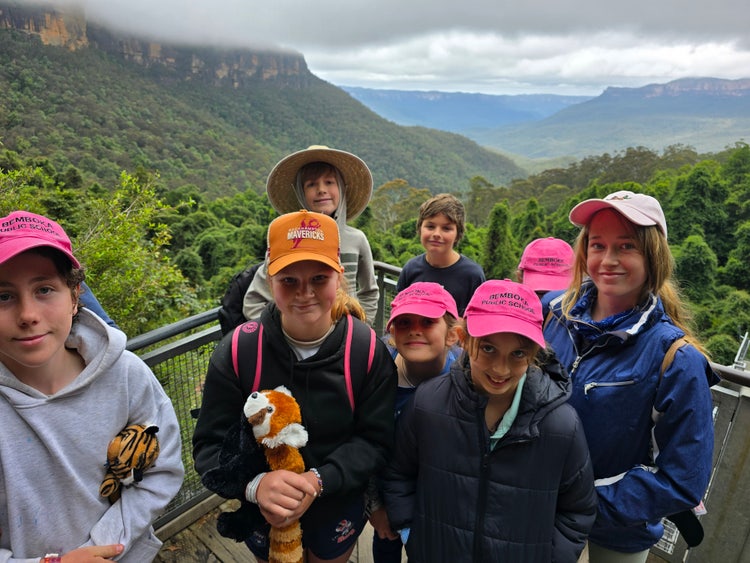students at look out with Blue Mountains in the background
